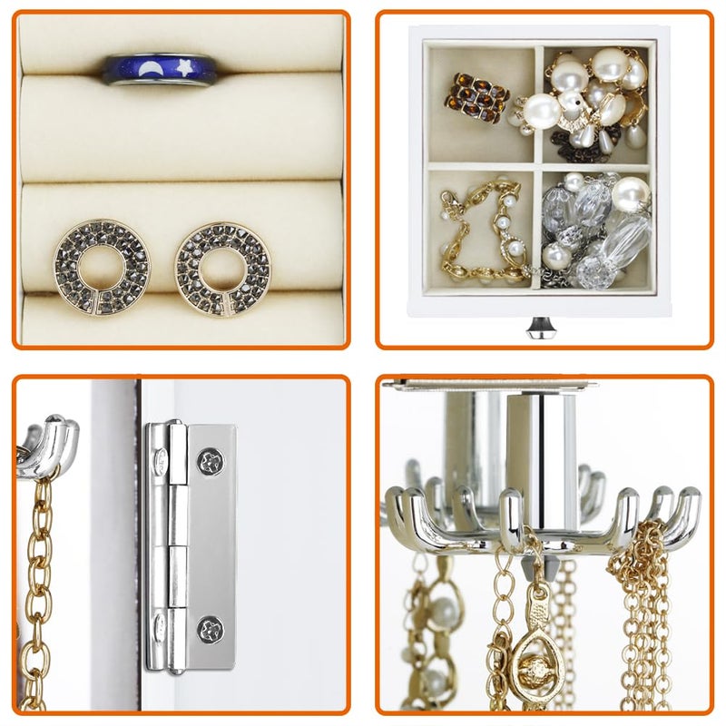 RR ROUND RICH DESIGN Jewelry Box - Made of Solid Wood with Cabinet Type 5 Drawers Organizer and 2 Separated Open Doors on 2 Sides and Large Mirror White - Image 4